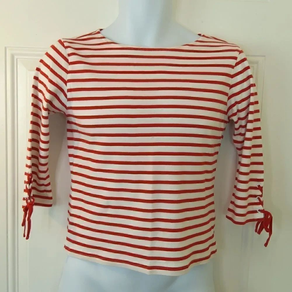 Talbots petite 3/4 laced sleeve red and white stripe top